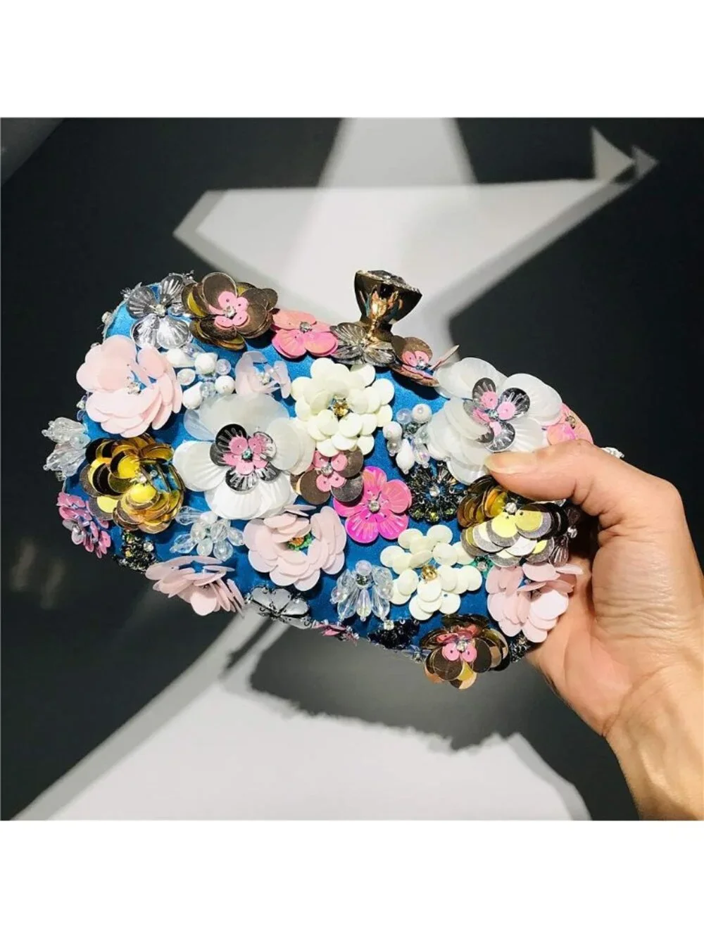 Women's Blue Clutches Flower Evening Handbag Chain Strap Elegant Shoulder Bag